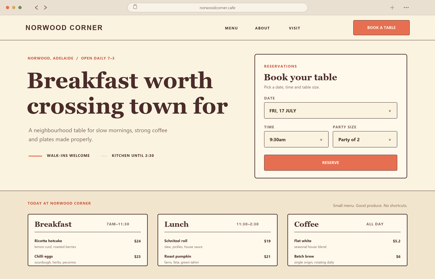 Cafe website with table bookings built by Tradiefit