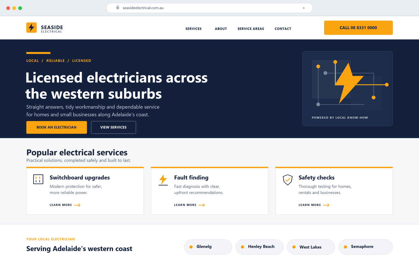 Seaside Electrical, a live business site built by Tradiefit