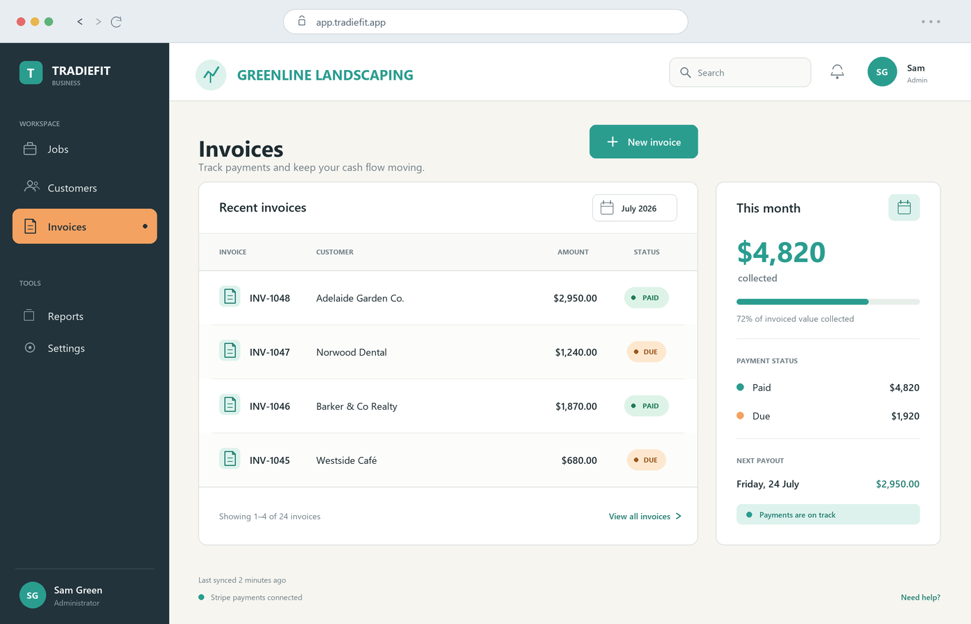 Small business invoicing dashboard built by Tradiefit